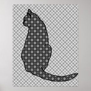 Japanische Katze - Schwarzweiss-Kimono-Druck Poster