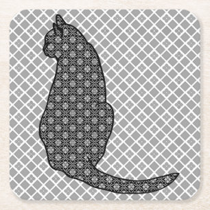 Japanische Katze - Schwarzweiss-Kimono-Druck Rechteckiger Pappuntersetzer