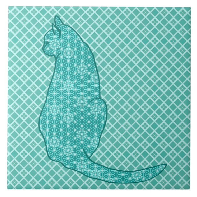Japanische Katze - Türkisfarben Kimono Print Fliese (Vorderseite)