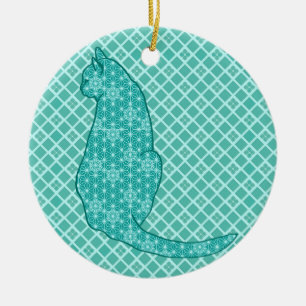 Japanische Katze - Türkisfarben Kimono Print Keramikornament