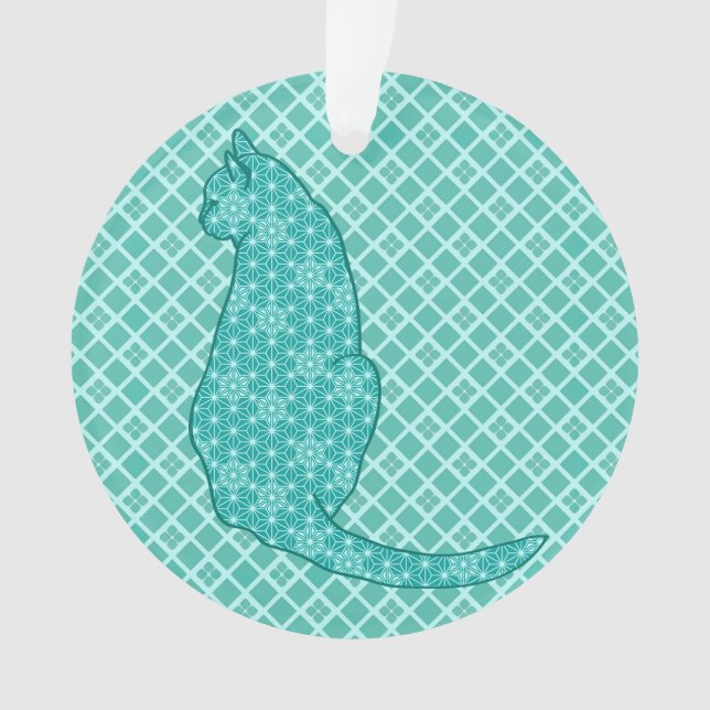 Japanische Katze - Türkisfarben Kimono Print Ornament (Vorderseite)