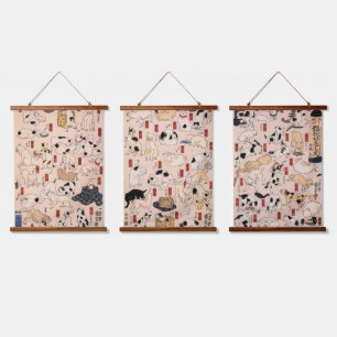 Japanische Katzen aus der Edo-Ära, Kuniyoshi, Ukiy Wandteppich Mit Holzrahmen