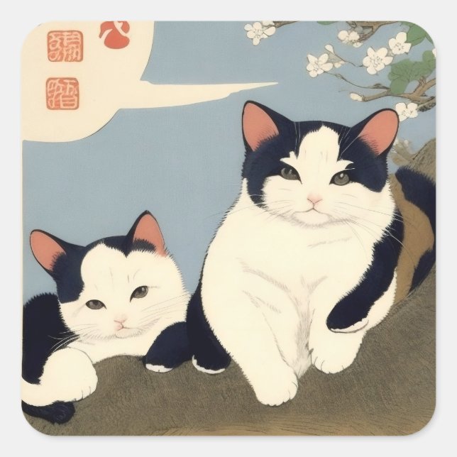 Japanische Katzen blühender Baum Aufkleber (Vorderseite)