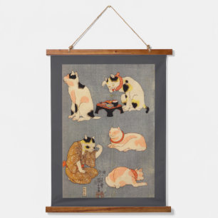 Japanische Katzen, Kuniyoshi, Ukiyo-e Wandteppich Mit Holzrahmen