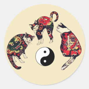 JAPANISCHE KATZEN, ROTE TATTOOS, YIN YANG RUNDER AUFKLEBER
