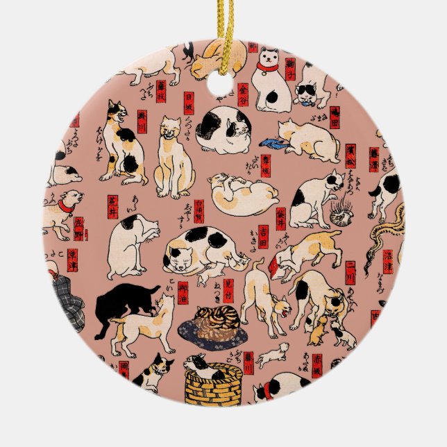 Japanische Katzen Ukiyo-e Funny kitty Keramik Ornament (Vorne)