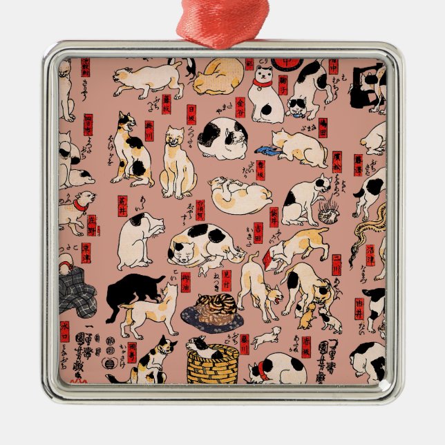 Japanische Katzen Ukiyo-e Funny kitty Ornament Aus Metall (Vorne)