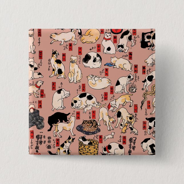 Japanische Katzen Woodblock ukiyo-e Vintag Kitty Button (Vorderseite)