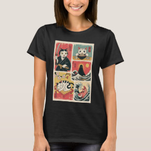 Japanische Katzenkunst Retro Vintage Stil Lustige T-Shirt
