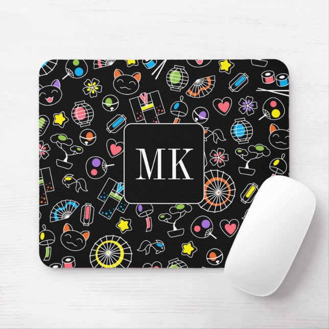 Japanische Kawaii Doodles auf Schwarzen Monogramm- Mousepad (Mit Mouse)