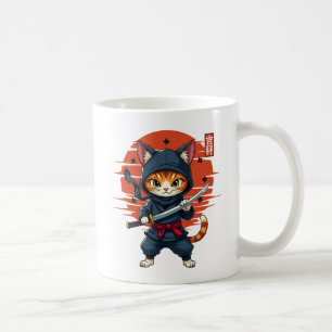 Japanische Kawaii-Ninja-Katze, Ninja-Katze mit ein Kaffeetasse
