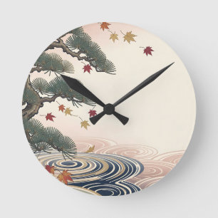 Japanische Kiefern-Ahornblätter Herbstwellen Runde Wanduhr