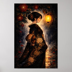 Japanische Kimono-Frau Laterne Nacht Regen Kunst Poster
