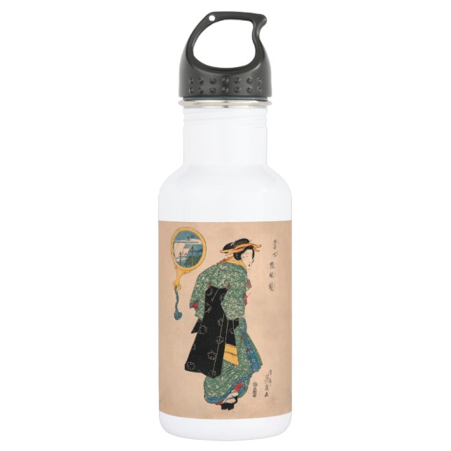 Japanische Kimono Frau: Ukiyo-e Woodblock Print Edelstahlflasche (Vorderseite)