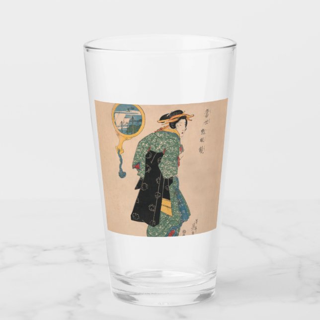 Japanische Kimono Frau: Ukiyo-e Woodblock Print Glas (Vorderseite)