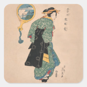 Japanische Kimono Frau: Ukiyo-e Woodblock Print Quadratischer Aufkleber