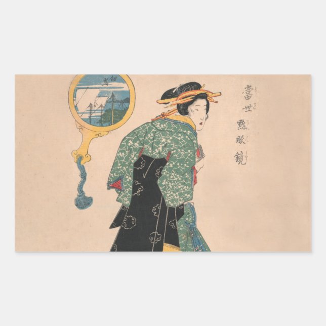 Japanische Kimono Frau: Ukiyo-e Woodblock Print Rechteckiger Aufkleber (Vorderseite)