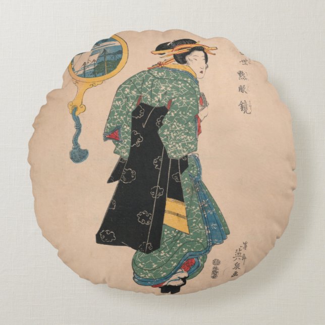 Japanische Kimono Frau: Ukiyo-e Woodblock Print Rundes Kissen (Vorderseite)