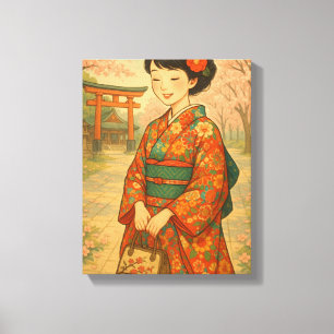 Japanische Kimono- und Kirschblüten Leinwanddruck