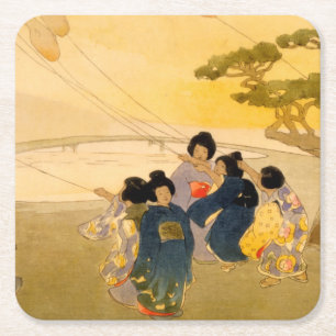 Japanische Kinder, die Drachen fliegen - Bertha Lu Rechteckiger Pappuntersetzer