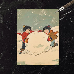 Japanische Kinder rollen eine große Schneekugel Feiertagspostkarte