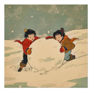 Japanische Kinder rollen eine große Schneekugel Poster