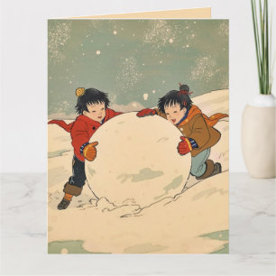 Japanische Kinder rollen einen großen Schneeball Karte