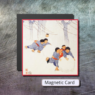 Japanische Kinder rollen große Schneebälle Magnetkarte