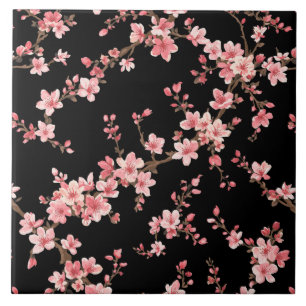 Japanische Kirschblüten Blumiges Rosa Schwarz Fliese