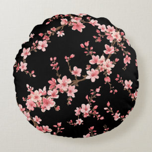 Japanische Kirschblüten Blumiges Rosa Schwarz Rundes Kissen