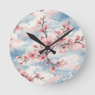 Japanische Kirschblüten-Rosa-Blau Runde Wanduhr