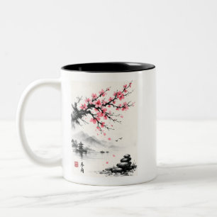 Japanische Kirschblüten-Tuschemalerei - Zen Zweifarbige Tasse