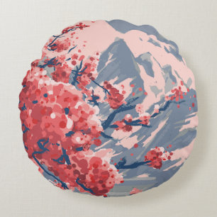 Japanische Kirschblüten- und Bergkunst Rundes Kissen