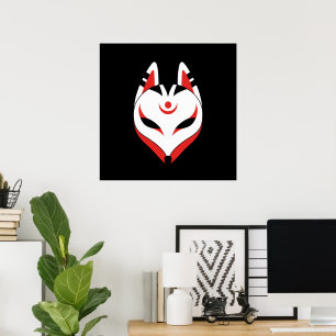 Japanische Kitsune-Fuchsmaske auf Schwarz Poster