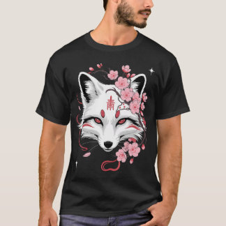 Japanische Kitsune Weiße Fuchs Anime Kawaii Kirsch T-Shirt