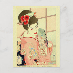 Japanische Klassik Geisha Lady Pink Kimono Fan Postkarte