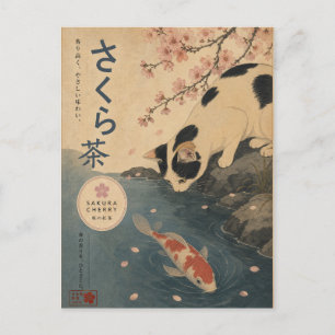 Japanische Koi-Fische Vintage-Katze Sakura-Kunst R Postkarte