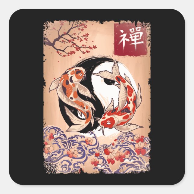 Japanische Koi Fish Cherry Blossom Carp Blume Quadratischer Aufkleber (Vorderseite)