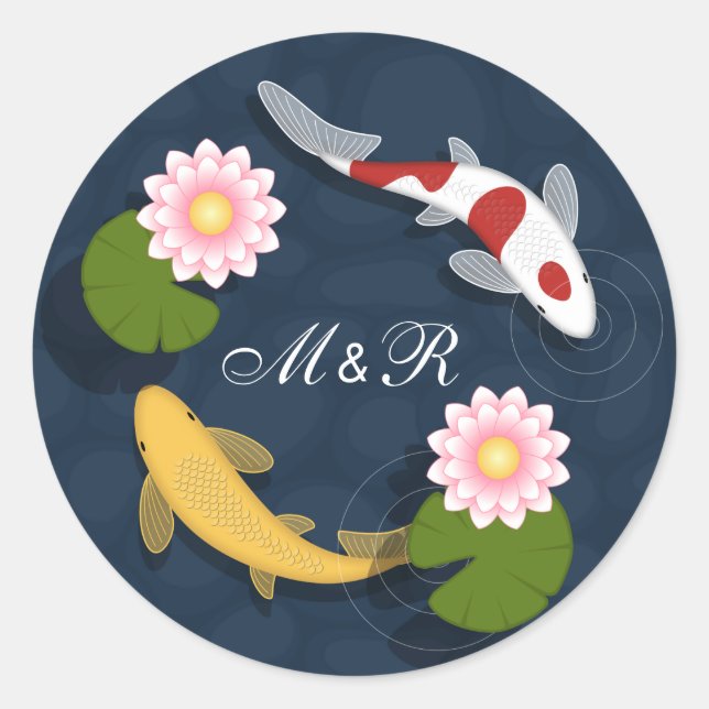 Japanische Koi Fish Monogram Initialen Runder Aufkleber (Vorderseite)