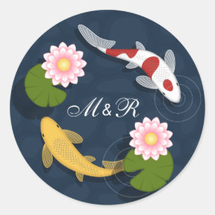 Japanische Koi Fish Monogram Initialen Runder Aufkleber