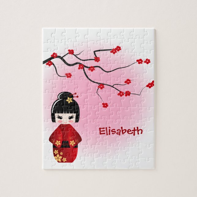 Japanische kokeshi Puppe an Kirschblüte-Blüten Puzzle (Vertikal)