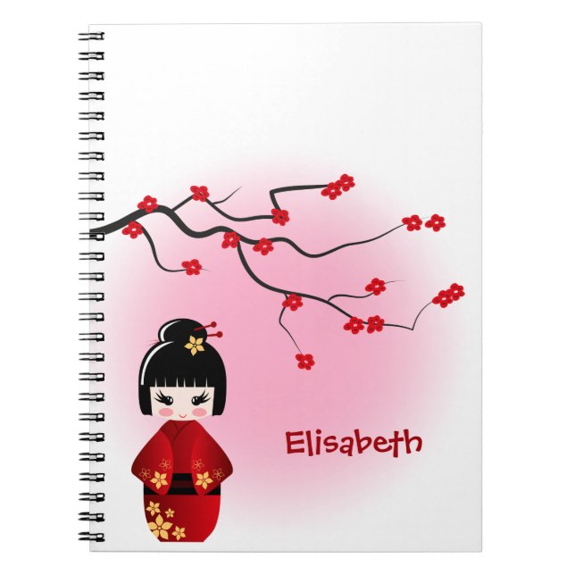 Japanische Kokeshi-Puppe bei Sakura-Blüten Notizblock (Vorderseite)