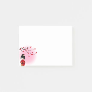 Japanische Kokeshi-Puppe bei Sakura-Blüten Post-it Klebezettel