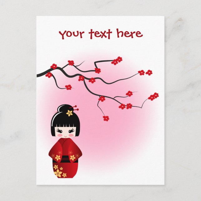 Japanische Kokeshi-Puppe bei Sakura-Blüten Postkarte (Vorderseite)