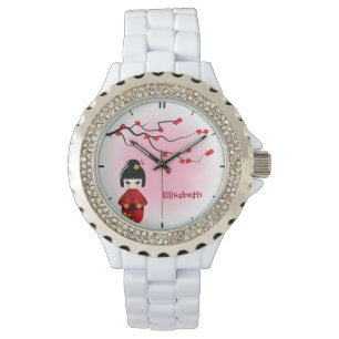 Japanische kokeshi Puppe in Kirschblüte blüht Na Armbanduhr