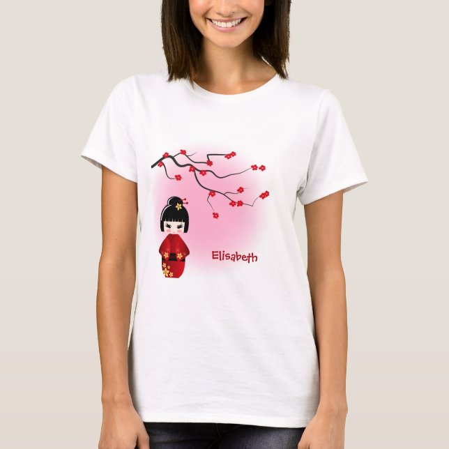 Japanische kokeshi Puppe in Kirschblüte blüht Name T-Shirt (Vorderseite)