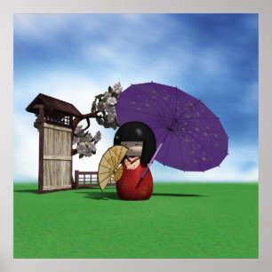 Japanische Kokeshi-Puppe Kirschblüten Kunst Poster