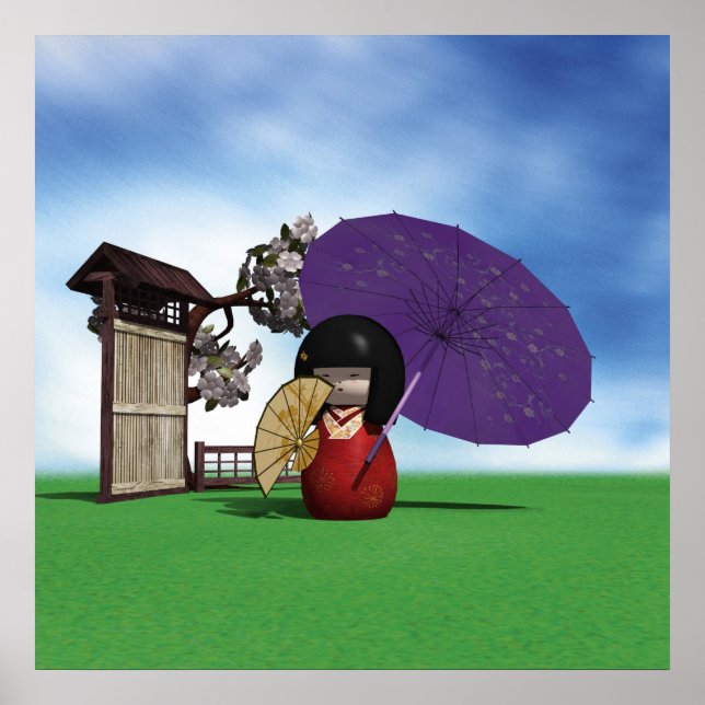 Japanische Kokeshi-Puppe Kirschblüten Kunst Poster (Vorne)