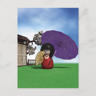 Japanische Kokeshi-Puppe Kirschblüten Kunst Postkarte