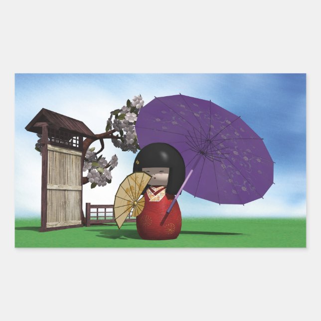 Japanische Kokeshi-Puppe Kirschblüten-Kunst Rechteckiger Aufkleber (Vorderseite)
